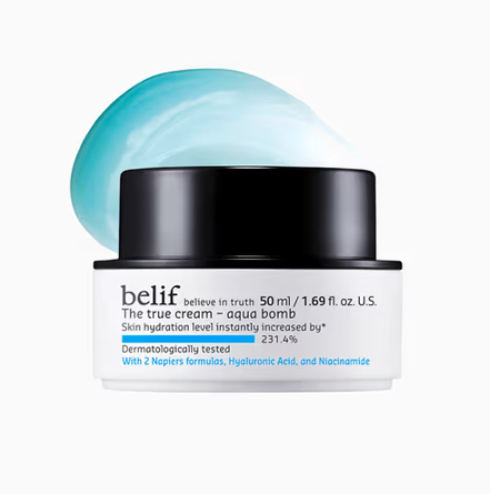 Belif The True Cream Aqua Bomb in a light blue jar with black lid.