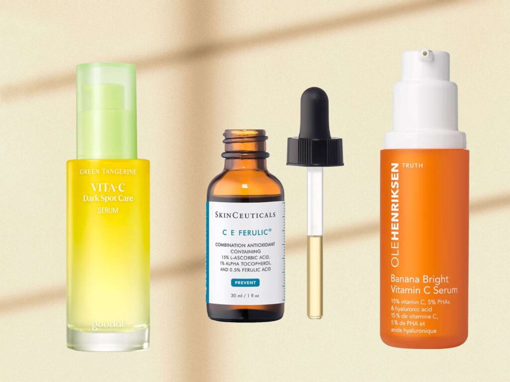 Brightening serums in glass dropper bottles used to even skin tone and enhance radiance