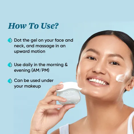 Smiling woman applying gel moisturizer with instructions on how to use it for daily skincare and makeup prep
